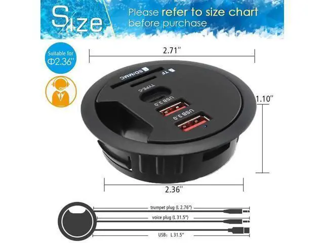 Alt view image 2 of 6 - 60MM 2.36 Inch Desk Grommet USB 3.0 Hub, Embedded Desktop Multiport Hub with 2 USB-A 3.0 + 1 USB-C, SD TF Card Reader, Supports Simultaneous Data Sync & Device Charging