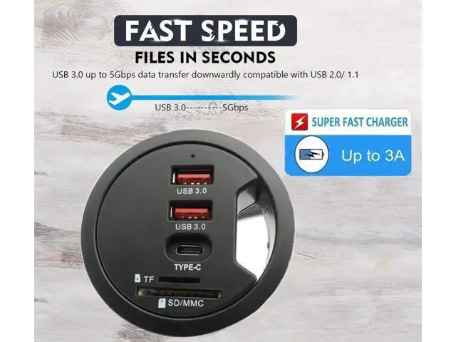 Alt view image 4 of 6 - 60MM 2.36 Inch Desk Grommet USB 3.0 Hub, Embedded Desktop Multiport Hub with 2 USB-A 3.0 + 1 USB-C, SD TF Card Reader, Supports Simultaneous Data Sync & Device Charging