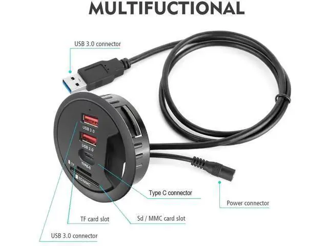 Alt view image 5 of 6 - 60MM 2.36 Inch Desk Grommet USB 3.0 Hub, Embedded Desktop Multiport Hub with 2 USB-A 3.0 + 1 USB-C, SD TF Card Reader, Supports Simultaneous Data Sync & Device Charging