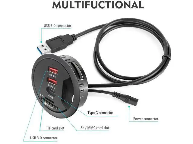 Alt view image 4 of 6 - 60MM 2.36 Inch Desk Grommet USB 3.0 Hub, Desktop Hole Fit Multiport Hub with 2 USB-A 3.0 + 1 USB-C Port, SD TF Card Reader, Support Data Sync & Charging for Office Desktop