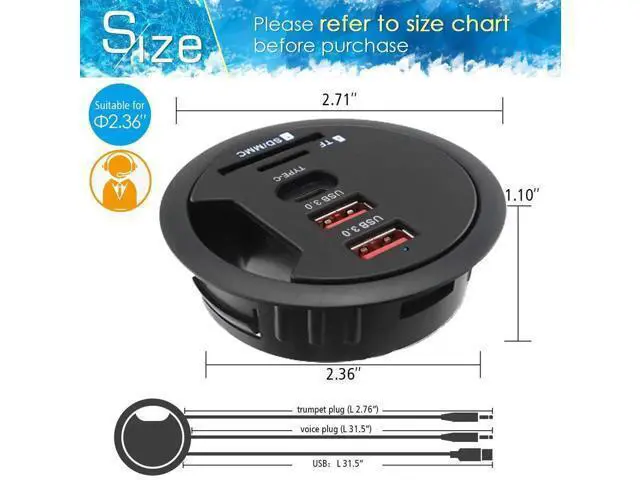 Alt view image 3 of 6 - 60MM 2.36 Inch Desk Grommet USB 3.0 Hub, Desktop Hole Fit Multiport Hub with 2 USB-A 3.0 + 1 USB-C Port, SD TF Card Reader, Support Data Sync & Charging for Office Desktop