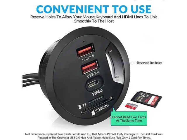 Alt view image 5 of 6 - 60MM 2.36 Inch Desk Grommet USB 3.0 Hub, Desktop Hole Fit Multiport Hub with 2 USB-A 3.0 + 1 USB-C Port, SD TF Card Reader, Support Data Sync & Charging for Office Desktop