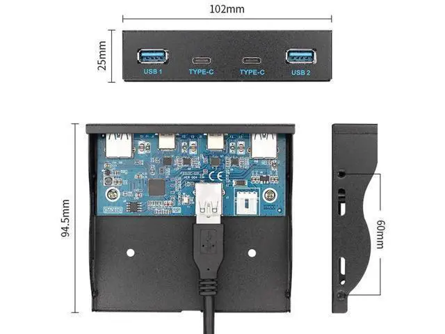 Alt view image 6 of 7 - 3.5" Floppy Bay Front Panel USB-C & USB 3.0 4-Port Hub, 20Pin Motherboard Header Extension Cable