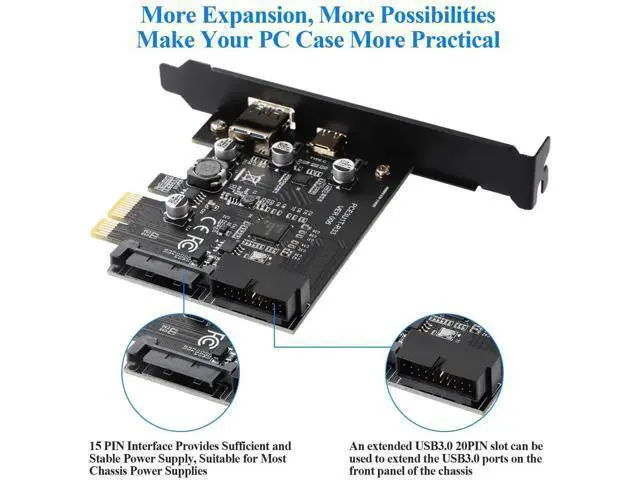 Alt view image 2 of 7 - PCIe x1 USB3.2 Gen1 Expansion Card 5Gbps, External USB-A+USB-C + Internal 20Pin Header with 15Pin Power Supply
