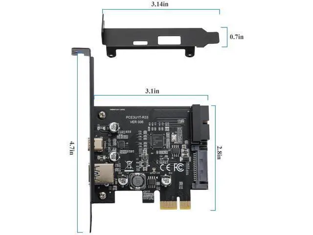 Alt view image 5 of 7 - PCIe x1 USB3.2 Gen1 Expansion Card 5Gbps, External USB-A+USB-C + Internal 20Pin Header with 15Pin Power Supply