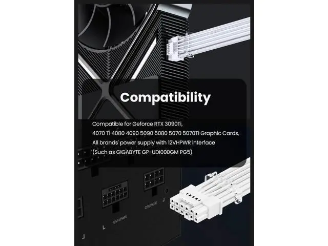 Alt view image 7 of 7 - 70cm White Sleeved PCIe 5.0 12VHPWR 16Pin (12+4) Male to Male Modular GPU Power Cable, 600W 12V-2x6 Connector Compatible with ATX 3.0 PSU, Fits RTX 3090Ti, 4070 Ti, 4080, 4090, 5070, 5070 Ti, 5080, 50