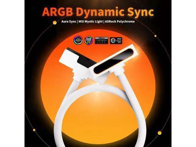 Alt view image 2 of 7 - 24Pin PSU Motherboard Power Extension Cable with ARGB Lighting, 90 Degree Right-Angle Design, 18AWG Copper Male-to-Female Power Cord, 5V 3-Pin RGB Connector, 2000W Power PC Management