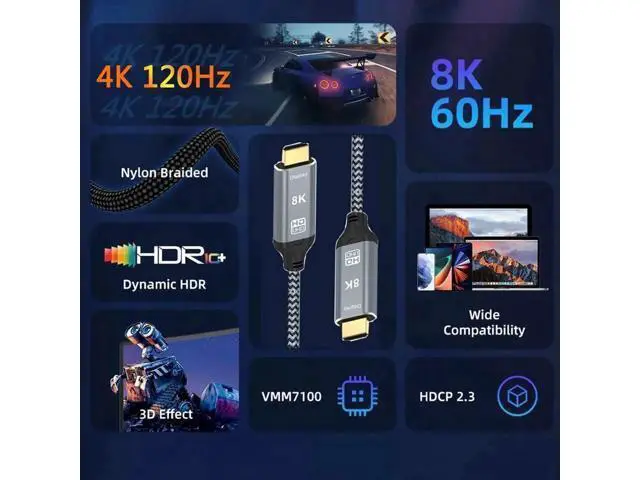 Alt view image 5 of 7 - 3.3FT USB C to HDMI 2.1 Cable, 8K@60Hz 4K@240Hz, Thunderbolt 4/3, HDR & HDCP 2.3 for MacBook, iMac, iPad Pro, Galaxy S23
