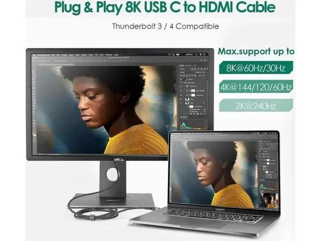 Alt view image 4 of 7 - 3.3FT USB C to HDMI 2.1 Cable, 8K@60Hz 4K@240Hz, Thunderbolt 4/3, HDR & HDCP 2.3 for MacBook, iMac, iPad Pro, Galaxy S23