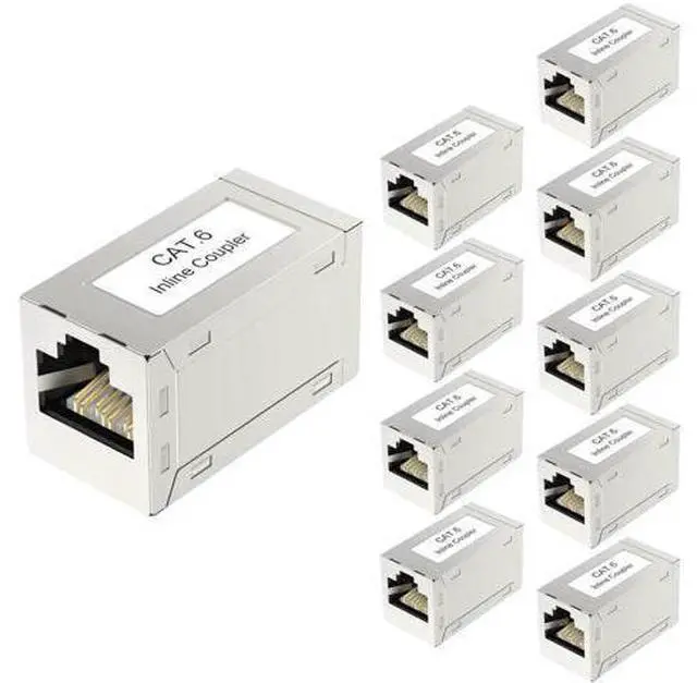 Main image of 10 Pack Silver Shielded RJ45 Cat6 Coupler, Female to Female Inline PoE Ethernet Extender Connector Compatible with Cat5/Cat5e/Cat6 Network Cables