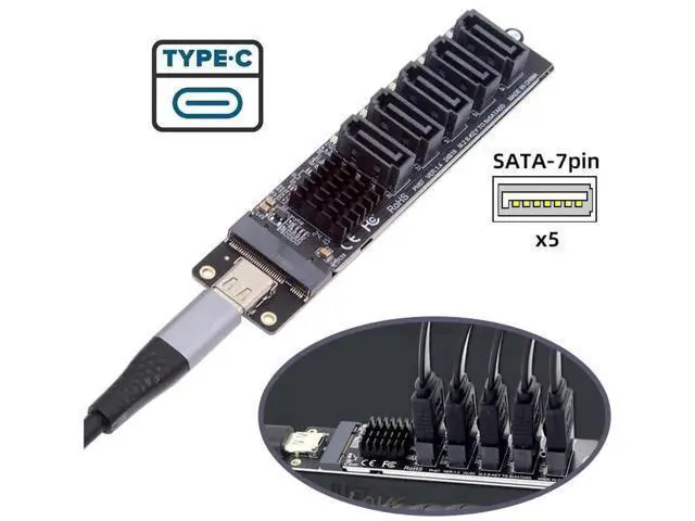 Alt view image 2 of 7 - 10Gbps USB-C to NGFF B+M Key 5-Port SATA Adapter, JMS580+JMB575 Port Multiplier