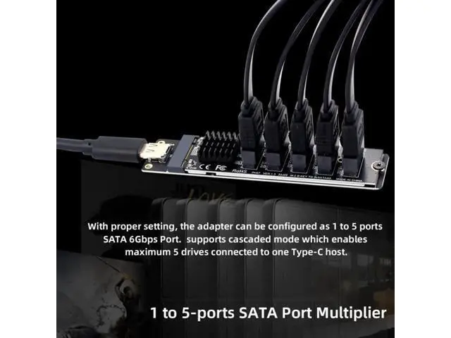 Alt view image 3 of 7 - 10Gbps USB-C to NGFF B+M Key 5-Port SATA Adapter, JMS580+JMB575 Port Multiplier