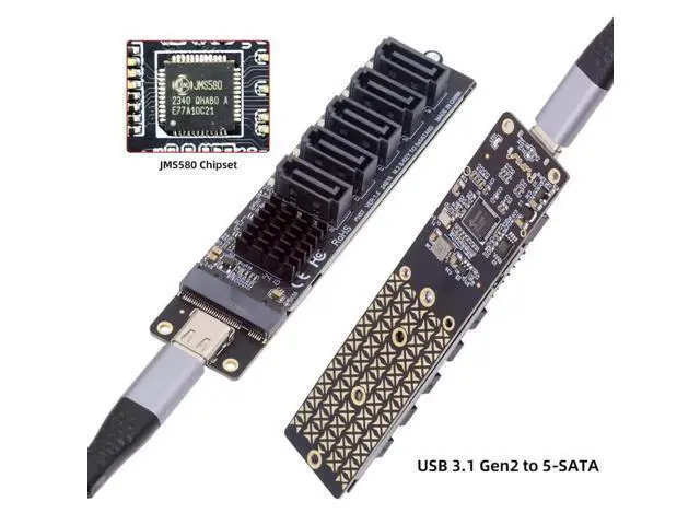 Alt view image 6 of 7 - 10Gbps USB-C to NGFF B+M Key 5-Port SATA Adapter, JMS580+JMB575 Port Multiplier