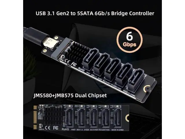 Alt view image 5 of 7 - 10Gbps USB-C to NGFF B+M Key 5-Port SATA Adapter, JMS580+JMB575 Port Multiplier