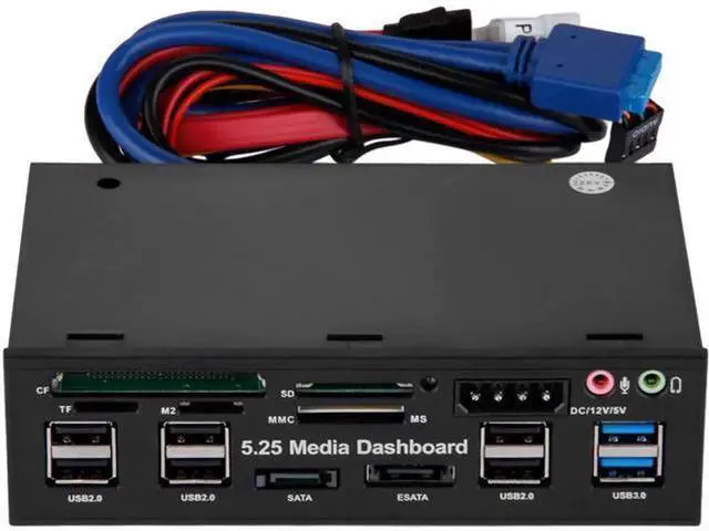 Main image of 5.25 Inch Multifunction Media Dashboard Front Panel, Internal Card Reader with USB 2.0, USB 3.0 20Pin Header, e-SATA & SATA Ports for Desktop PC Case