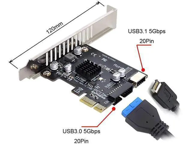 Alt view image 3 of 7 - PCIe 1X to Type-E USB 3.1 + USB 3.0 20Pin Adapter Card, 5Gbps Front Panel Socket Converter for Motherboard