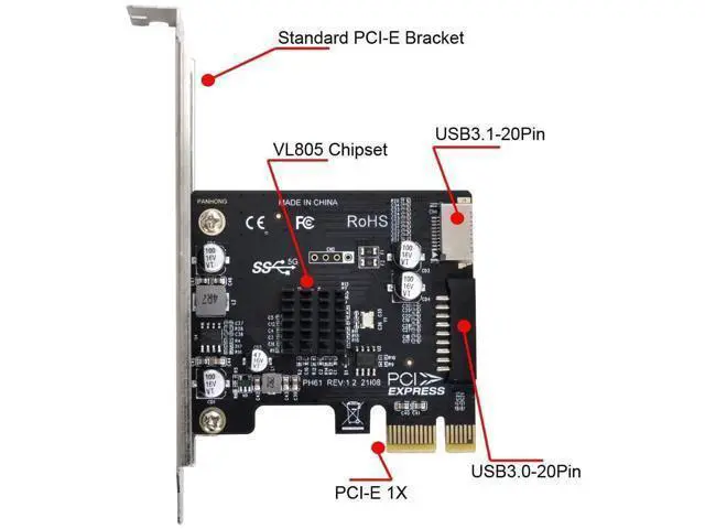 Alt view image 5 of 7 - PCIe 1X to Type-E USB 3.1 + USB 3.0 20Pin Adapter Card, 5Gbps Front Panel Socket Converter for Motherboard