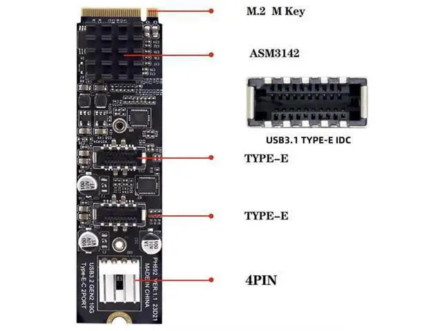Alt view image 5 of 7 - M.2 M-Key to Dual Type-E USB 3.1 Front Panel Adapter Card, 10Gbps High Speed NGFF Expansion for Motherboard