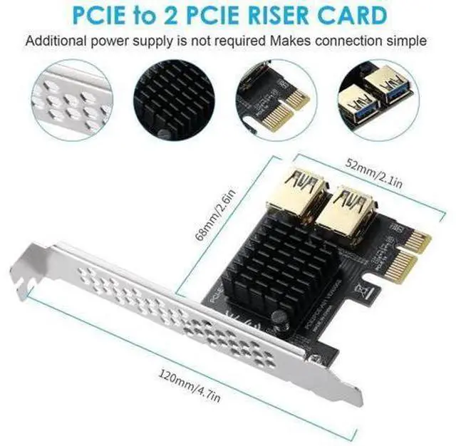 Alt view image 5 of 7 - PCI-E 1X to 2 PCI-E Riser Card, PCIe Multiplier Expansion Card with Dual USB 3.0 Ports, External Extension Adapter for GPU Crypto Mining Rig