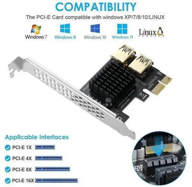 Alt view image 6 of 7 - PCI-E 1X to 2 PCI-E Riser Card, PCIe Multiplier Expansion Card with Dual USB 3.0 Ports, External Extension Adapter for GPU Crypto Mining Rig