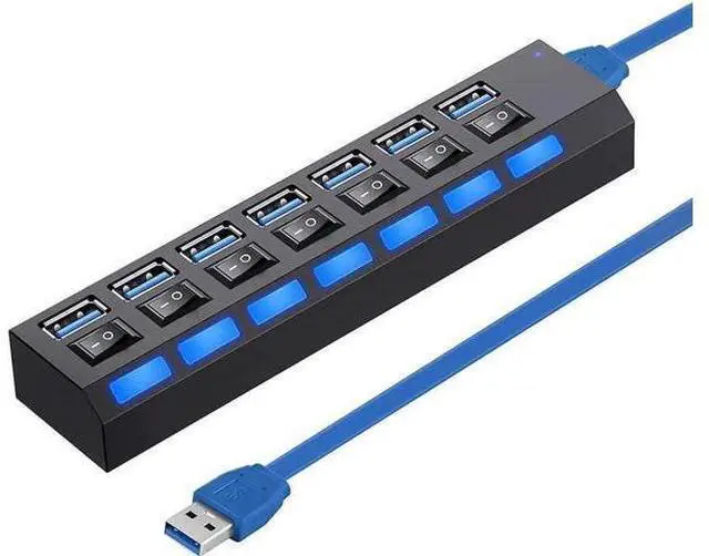 Main image of Black 7-Port USB 3.0 Splitter Hub with Individual On/Off Switches & LED Power Indicators, High Speed USB-A Data Expander for Laptop, Desktop PC, Mobile HDD, Flash Drive and USB Peripherals