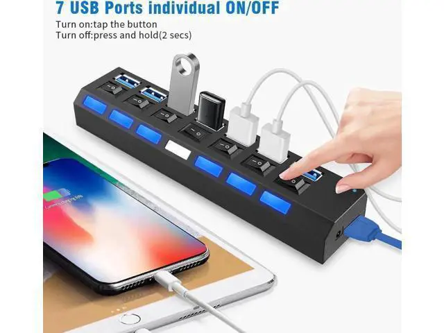 Alt view image 2 of 7 - Black 7-Port USB 3.0 Splitter Hub with Individual On/Off Switches & LED Power Indicators, High Speed USB-A Data Expander for Laptop, Desktop PC, Mobile HDD, Flash Drive and USB Peripherals