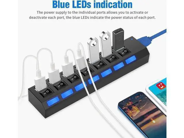 Alt view image 5 of 7 - Black 7-Port USB 3.0 Splitter Hub with Individual On/Off Switches & LED Power Indicators, High Speed USB-A Data Expander for Laptop, Desktop PC, Mobile HDD, Flash Drive and USB Peripherals