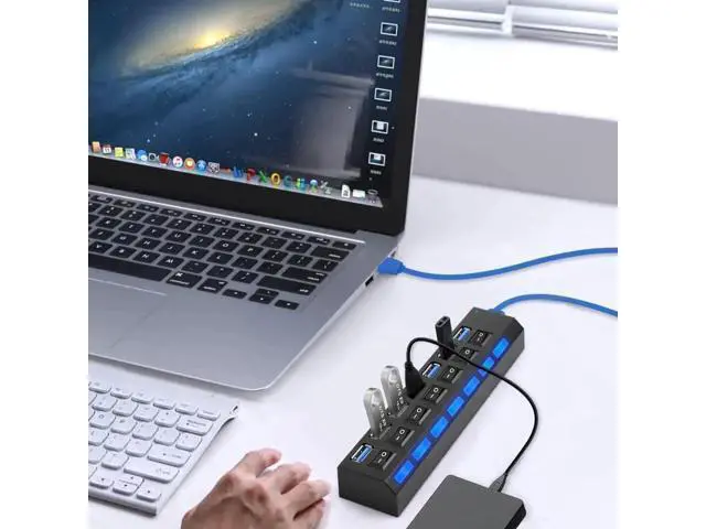 Alt view image 4 of 7 - Black 7-Port USB 3.0 Splitter Hub with Individual On/Off Switches & LED Power Indicators, High Speed USB-A Data Expander for Laptop, Desktop PC, Mobile HDD, Flash Drive and USB Peripherals