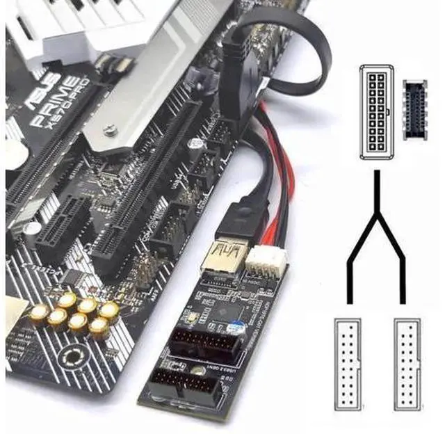 Alt view image 2 of 7 - USB 3.1 Type-E 1 to 2 USB 3.0 19/20Pin Splitter PCBA Adapter Hub Port Multiplier with SATA Power Cable for Desktop Motherboard Front Panel