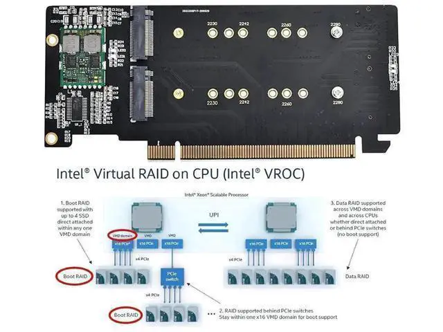 Alt view image 5 of 7 - PCIe 3.0 x16 VROC RAID Adapter Card, M.2 NVMe AHCI Gen3 x4 to PCIe Gen3 x16 Hyper RAID Card Supports RAID 0