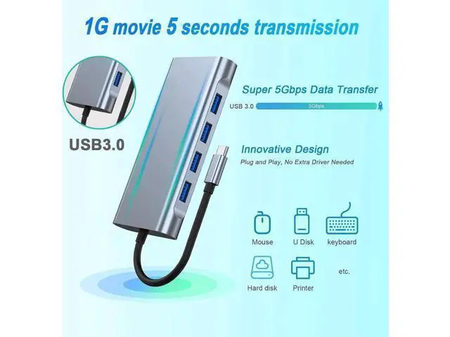 Alt view image 2 of 7 - 11-in-1 USB-C Multiport Docking Station Hub, 5Gbps USB-A Ports, SD/TF Card Reader, 4K HDMI, VGA, Gigabit RJ45 Ethernet, 100W PD Charging & 3.5mm Audio Jack, Universal Type-C Laptop Dongle Adapter