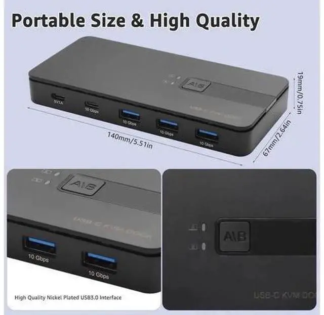 Alt view image 6 of 7 - 10Gbps USB 3.2 USB-C Switch for 2 PCs, Share USB-A & USB-C Peripherals, One-Key Switch