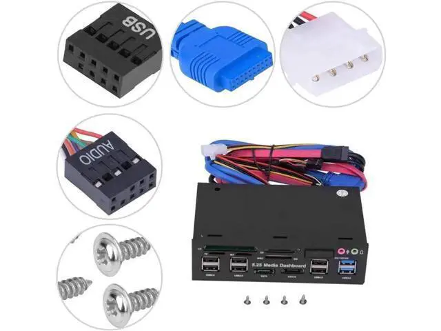 Alt view image 4 of 5 - 5.25 Inch Multi-Function Front Panel Media Dashboard, USB3.0/2.0 Hub + eSATA + 4Pin Power + Audio Jack, Multi Card Reader for M2/TF/SD/MS/CF