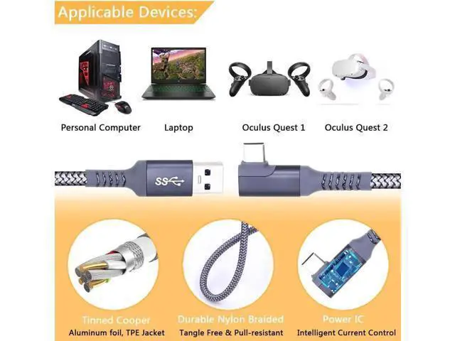 Alt view image 5 of 7 - 20ft /6M Nylon Braided VR Link Cable for Oculus Quest 2 and PC/Steam VR Quest VR Headset, Right-Angled 90 Degree USB A to USB C 5Gbps High Speed Data Transfer Charging Cord for Gaming PC ( A to C 6M)
