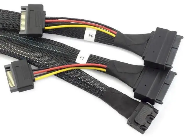 Alt view image 5 of 5 - Mini SAS HD SFF-8643 4i to Dual SFF-8639 U.2 Cable with SATA 15-Pin Power, 12Gbps 32AWG Copper Server Storage Cable, 0.5M Length