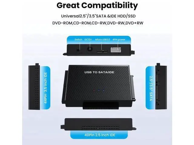 Alt view image 4 of 6 - USB 3.0 Type-C to SATA IDE Hard Drive Reader Adapter Kit, Universal 2.5/3.5 Inch HDD SSD External Converter with 12V/2A Power Supply for Hard Disk Data Recovery