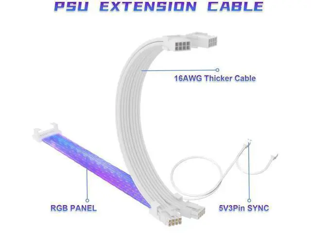 Alt view image 5 of 7 - Full White ARGB Strimer GPU Power Extension Cable Kit, Triple 8(6+2)Pin PCIe PSU Extension Cord, 5V 3Pin Addressable RGB Sync, White Connector for Custom White Themed PC Chassis
