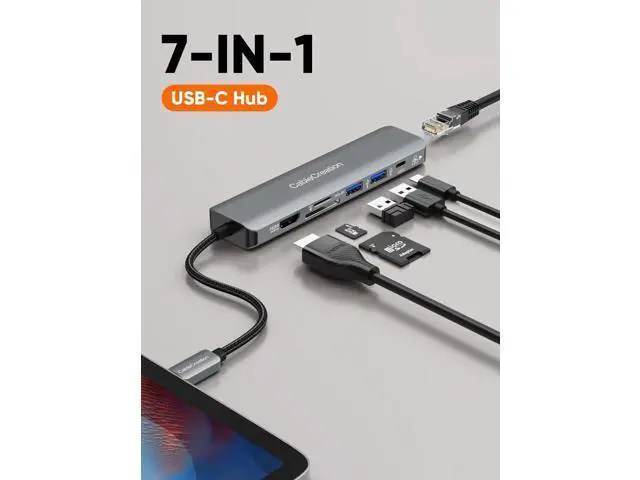 Alt view image 2 of 7 - CableCreation 7-in-1 USB-C Multiport Hub, 4K@60Hz HDMI, 1Gbps Gigabit Ethernet, Dual USB 3.0, 100W PD Charging, SD TF Card Reader, Compatible with Steam Deck, MacBook Pro/Air, iPad Pro, USB-C Laptops