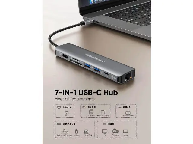 Alt view image 5 of 7 - CableCreation 7-in-1 USB-C Multiport Hub, 4K@60Hz HDMI, 1Gbps Gigabit Ethernet, Dual USB 3.0, 100W PD Charging, SD TF Card Reader, Compatible with Steam Deck, MacBook Pro/Air, iPad Pro, USB-C Laptops
