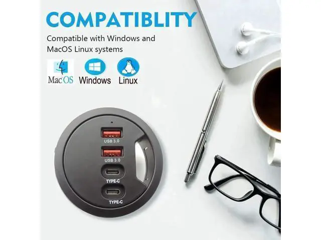 Alt view image 5 of 7 - 60mm / 2.36 Inch Desk Grommet USB 3.0 Hub, 2 USB-A + 2 USB-C Flush Mount Dock, Support Simultaneous Fast Charging & 5Gbps High-Speed Data Transfer for Office Workstations