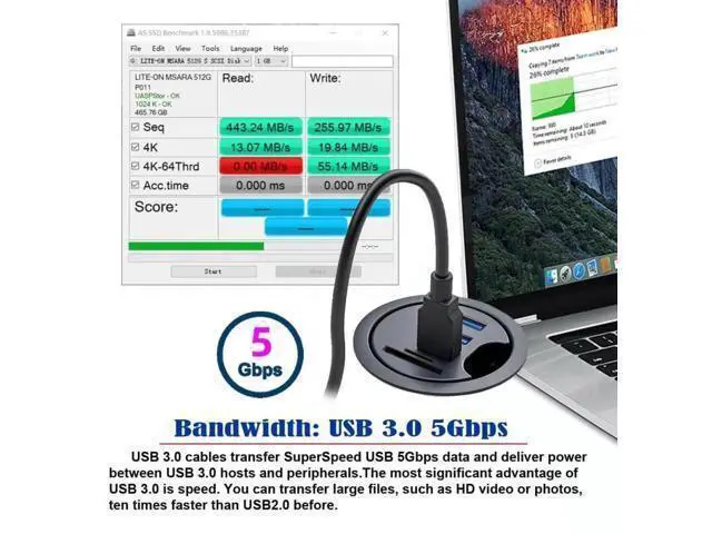 Alt view image 7 of 7 - 60mm Desk Grommet USB 3.0 Flush Mount Dock Station, Splitter with 2 USB-A, USB-C Port & SD/TF Micro SD Card Reader for Desktop PC Office Desk Expansion
