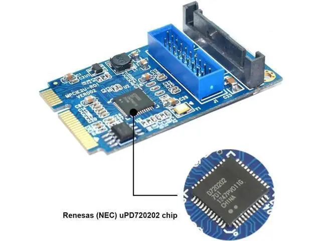 Alt view image 2 of 4 - Mini PCI Express to Dual USB 3.0 20-Pin Expansion Card, Mini PCIe to 2 Port USB 3.0 Adapter with SATA Power Supply for Desktop Motherboard