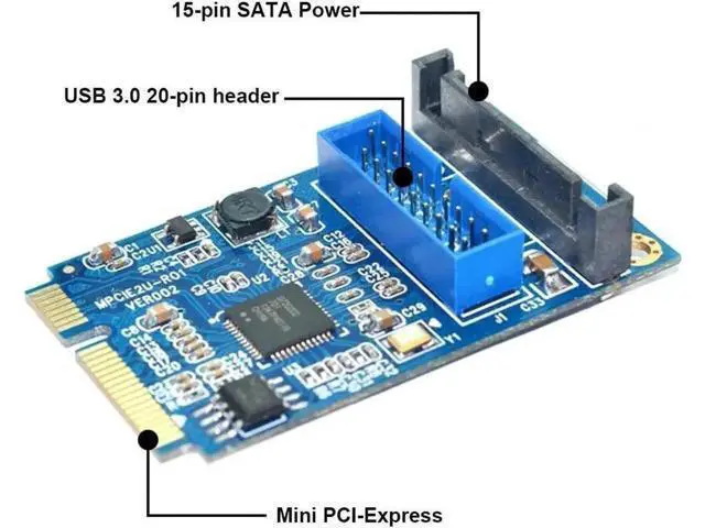 Alt view image 4 of 4 - Mini PCI Express to Dual USB 3.0 20-Pin Expansion Card, Mini PCIe to 2 Port USB 3.0 Adapter with SATA Power Supply for Desktop Motherboard