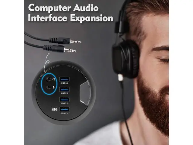 Alt view image 7 of 7 - 80MM 3.14 Inch Desk Grommet USB 3.0 Hub, 4 Port Desktop Hole Fit Multiport Hub with 3.5mm Audio Mic Jack, BC1.2 Fast Charging, 5V/2A Power Adapter Included for Phones & Desktop Office Use