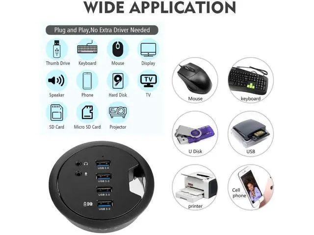 Alt view image 6 of 7 - 80MM 3.14 Inch Desk Grommet USB 3.0 Hub, 4 Port Desktop Hole Fit Multiport Hub with 3.5mm Audio Mic Jack, BC1.2 Fast Charging, 5V/2A Power Adapter Included for Phones & Desktop Office Use
