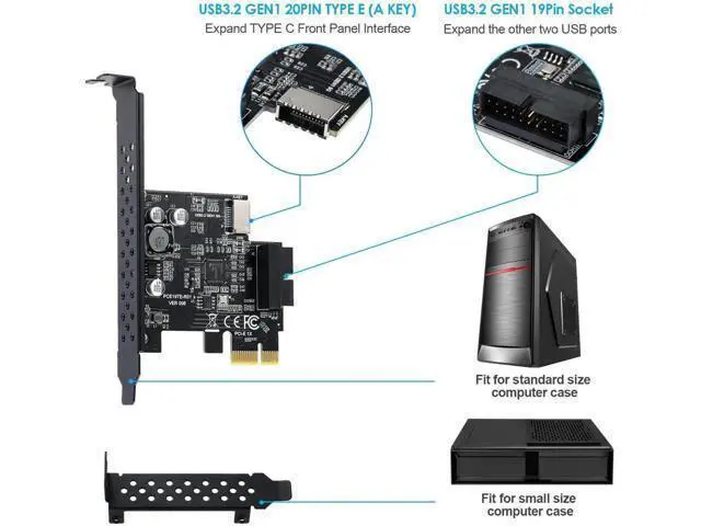 Alt view image 2 of 7 - PCIe 1X USB 3.2 Gen1 Expansion Card, 5Gbps, Type-E 20Pin + USB3.0 19Pin Internal Front Header
