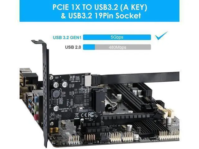 Alt view image 3 of 7 - PCIe 1X USB 3.2 Gen1 Expansion Card, 5Gbps, Type-E 20Pin + USB3.0 19Pin Internal Front Header
