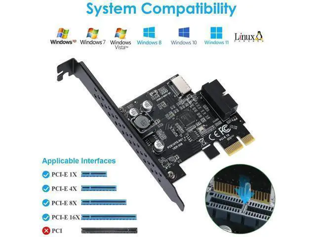 Alt view image 5 of 7 - PCIe 1X USB 3.2 Gen1 Expansion Card, 5Gbps, Type-E 20Pin + USB3.0 19Pin Internal Front Header