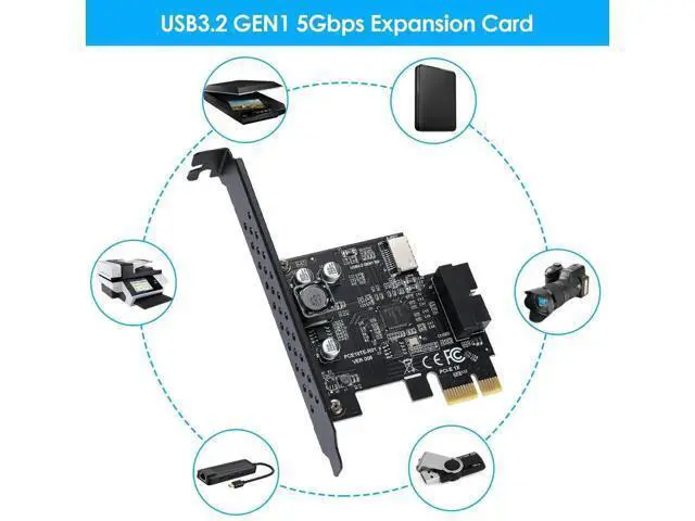 Alt view image 6 of 7 - PCIe 1X USB 3.2 Gen1 Expansion Card, 5Gbps, Type-E 20Pin + USB3.0 19Pin Internal Front Header