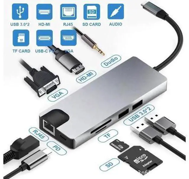 Main image of 9-in-1 USB C Multiport Adapter Dock, 4K HDMI, 1080P VGA, Gigabit Ethernet, 60W PD Charging, 4×USB 3.0, SD/TF Card Reader & 3.5mm Audio Jack for USB-C Laptops, MacBook Pro/Air, iPad Pro